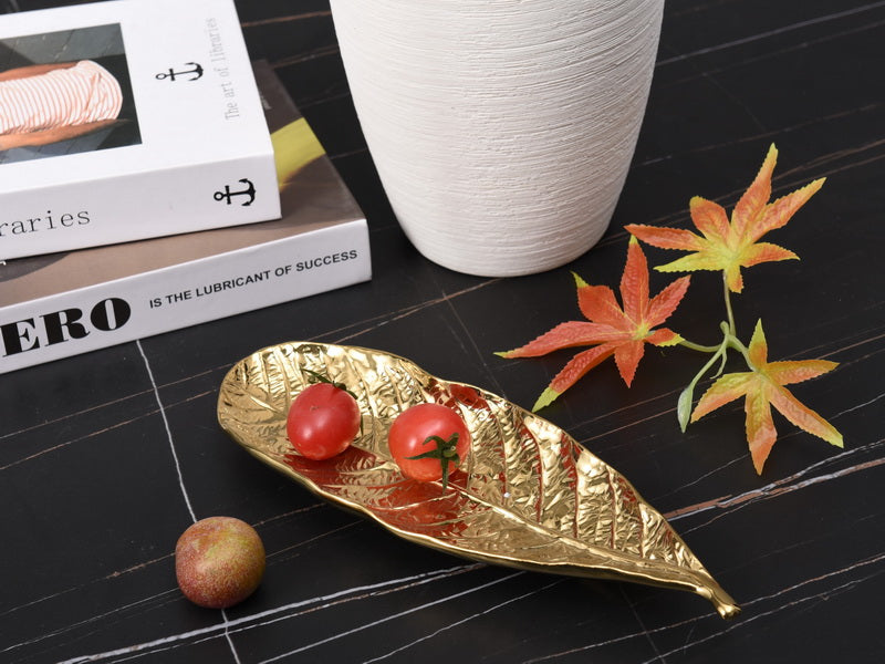 Set of 3, Golden Banana Leaves Tray, Modern Luxury Decorative Stoneware Serving Trays,  Dinner Table Nightstand Organizer
