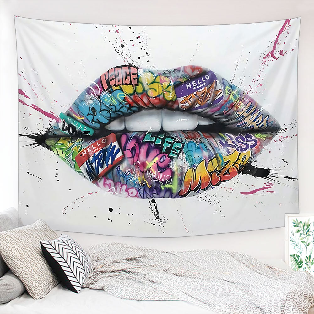 Sexy Glossy Lips Tapestry, Lips Bitting Wall Hanging, Living Room Bedroom Decor, Dorm Room Decor
