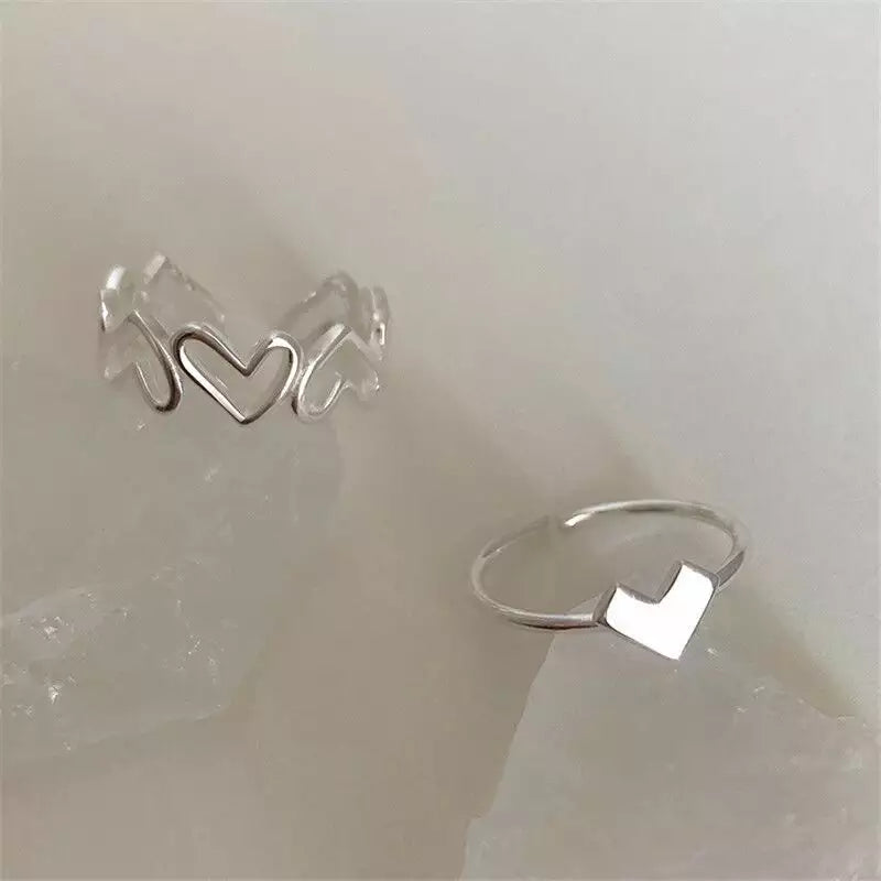 Cute Heart Ring, 2pc Heart Ring Set, Dainty Stackable Ring, Adjustable Heart Ring, Silver Plated, Gift for her