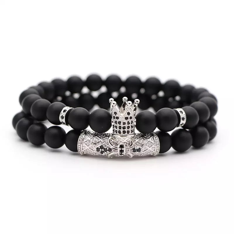Silver Beaded Crown Bracelet, Men’s Gift Idea, Crown & Lion Layered Bracelet Variant, Men Style, Fashion Statement