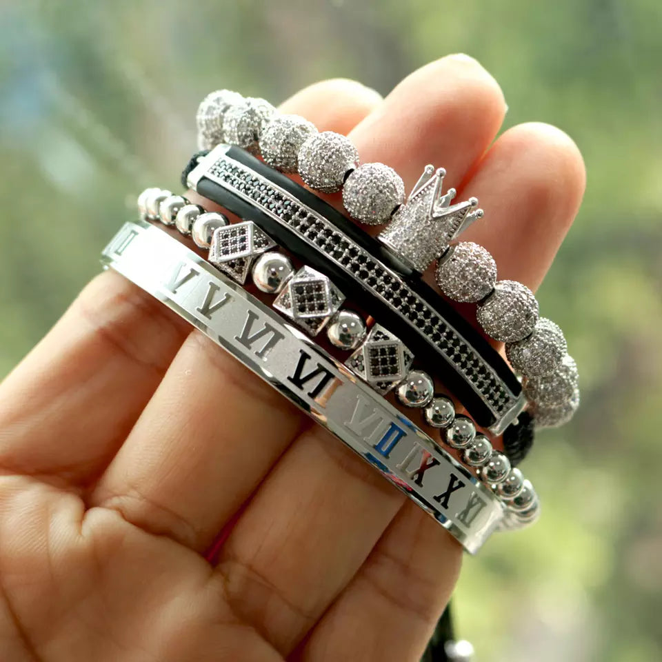 Men’s Bracelet Set, Stainless Steel Bracelet, Roman Letters, Beaded, Black, Fashion Statement, Gift for Him