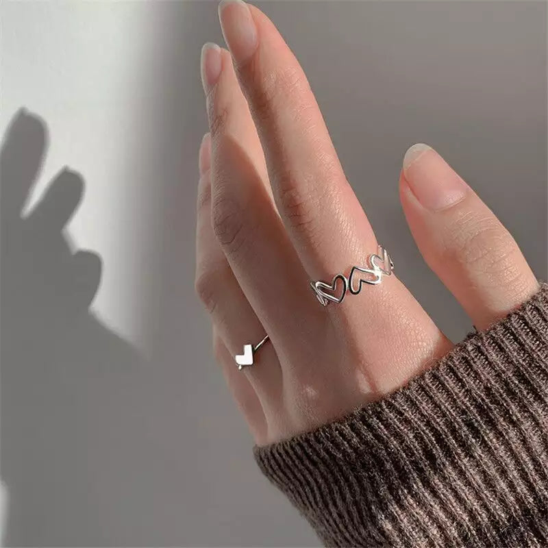 Cute Heart Ring, 2pc Heart Ring Set, Dainty Stackable Ring, Adjustable Heart Ring, Silver Plated, Gift for her