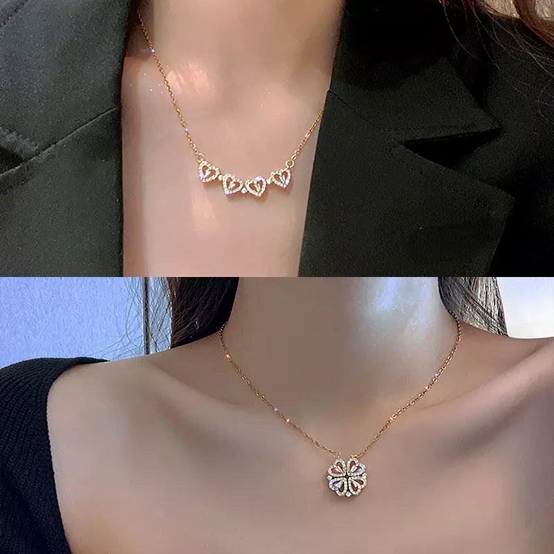Magnetic Folding Pendant Necklace, Lucky Four-Leaf Clover Pendant, Good Luck Necklace, Flower Jewelry, Gift for Her