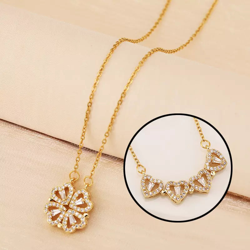 Magnetic Folding Pendant Necklace, Lucky Four-Leaf Clover Pendant, Good Luck Necklace, Flower Jewelry, Gift for Her