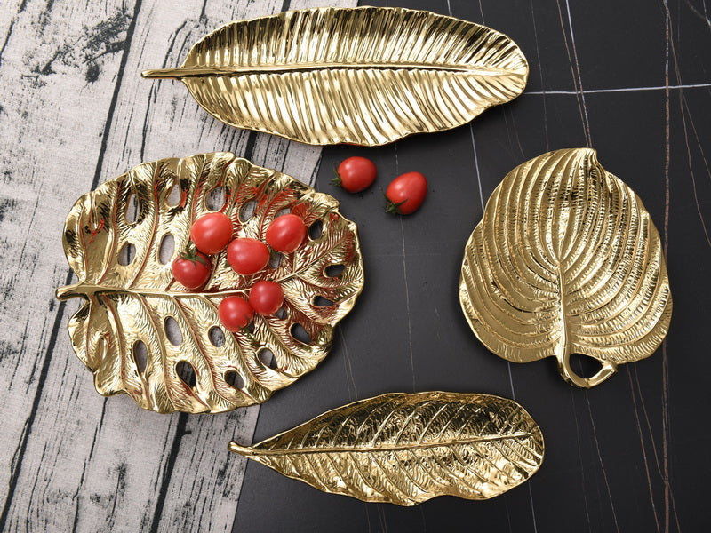 Set of 3, Golden Banana Leaves Tray, Modern Luxury Decorative Stoneware Serving Trays,  Dinner Table Nightstand Organizer