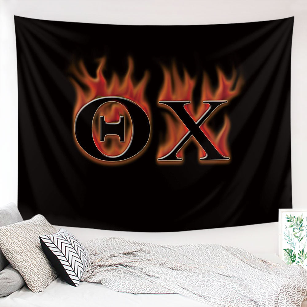 Theta Chi Greek Letter Customized Tapestry, The Letters on Fire, Horizontal Flag, Wall Hanging, Greek Art, Dorm Decor
