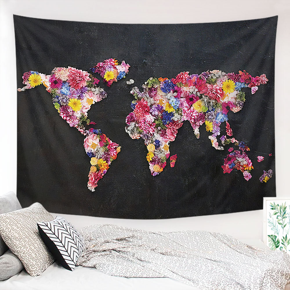 World Map Tapestry, Flower Tapestry, Kid Room Tapestry, Nursery Tapestry, Kids Room Wall Hanging, Nordic World Map Tapestry