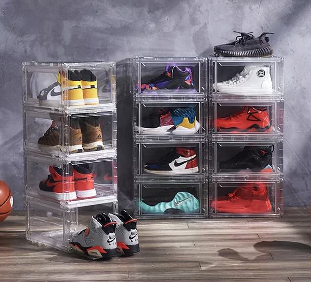 10 Pack Magnetic Clear Shoe Box, Transparent Plastic Sneaker Stackable Shoe Storage Boxes Drop Side Acrylic Drawer Type- Size XL