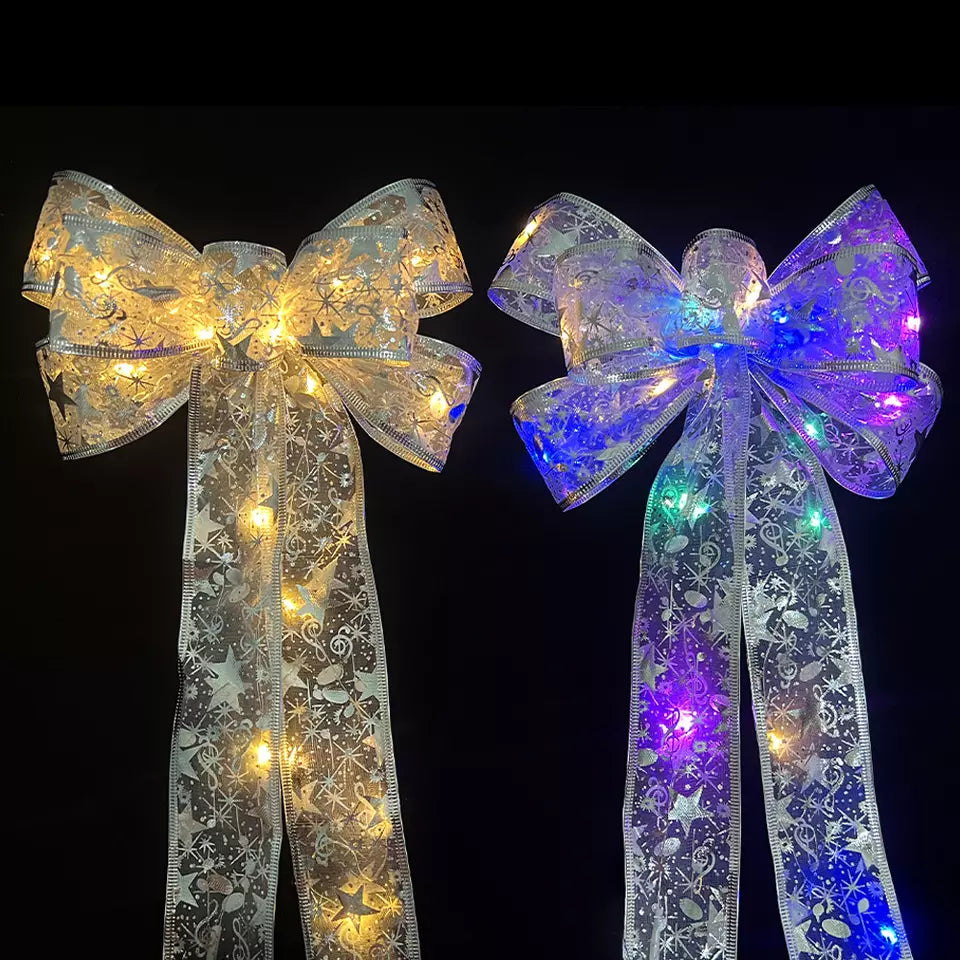 Christmas Colorful LED Light Tree Topper 13*9 Inches Bow Transparent Decorative Bows Xmas Decoration Ornament Gift