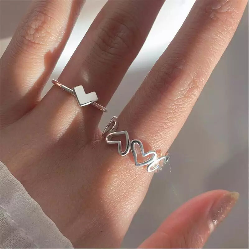 Cute Heart Ring, 2pc Heart Ring Set, Dainty Stackable Ring, Adjustable Heart Ring, Silver Plated, Gift for her