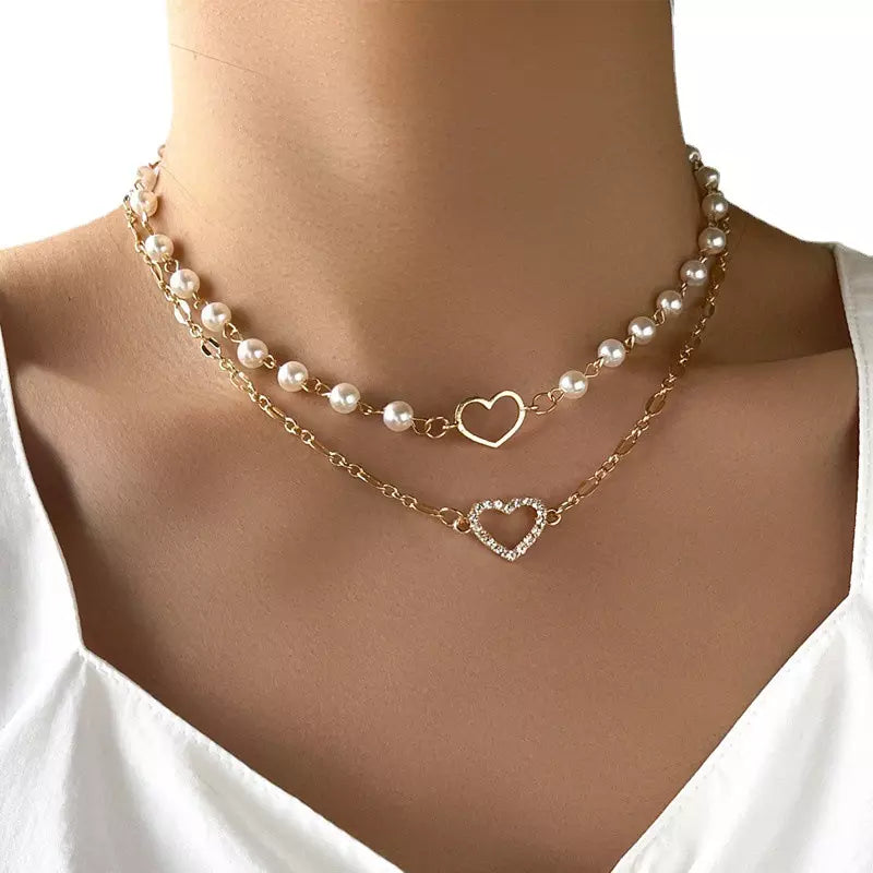Love Heart Baroque Pearl Necklace, Layered Gold Choker Set, Paper Clip Rope Necklace, Gold Stacked Necklaces