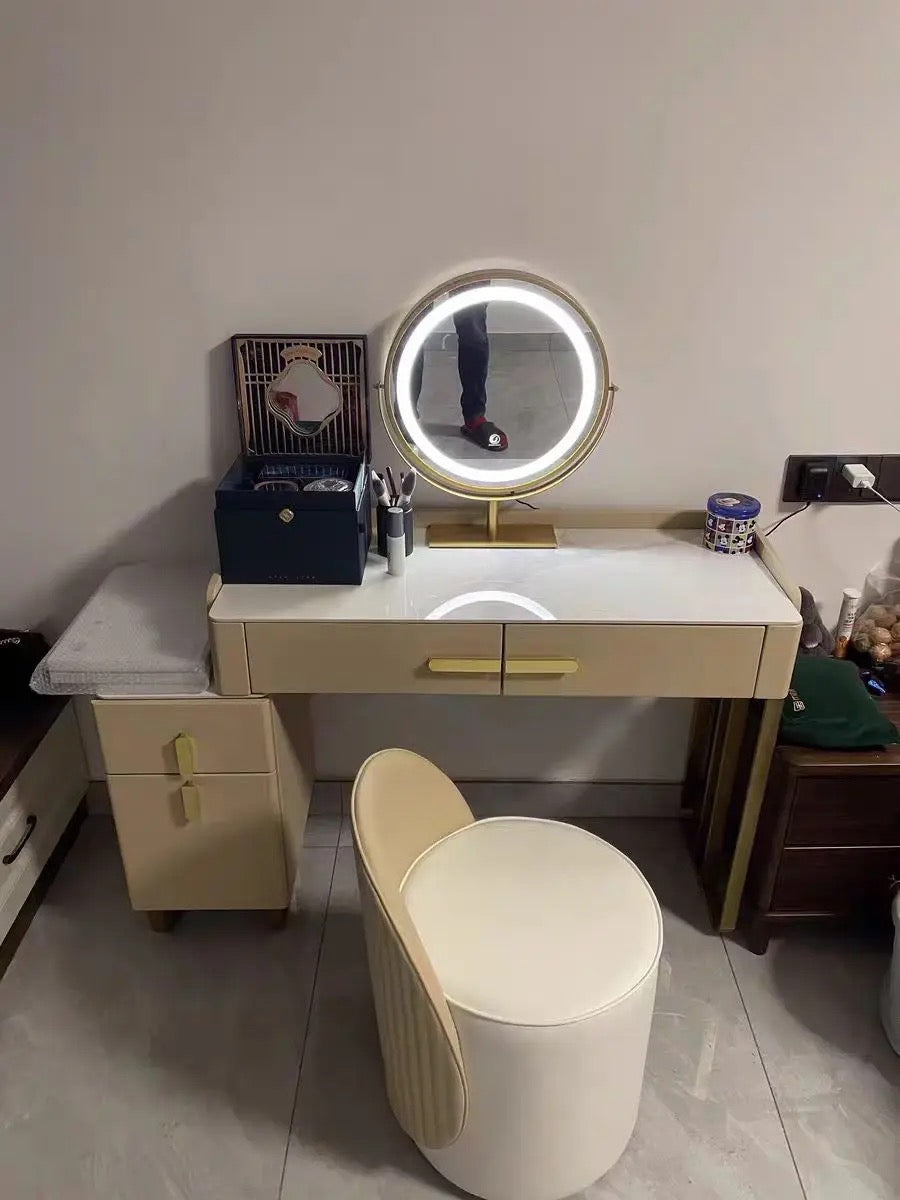 Wooden Makeup Vanity Dresser Table Set with LED Adjustable Mirror, Stool, 4 Drawers Storage, Luxury Makeup Vanity
